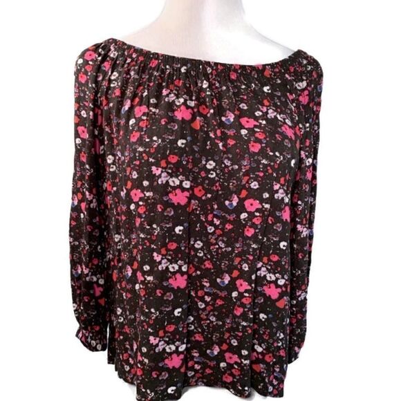 Aqua Floral Boho Long Sleeve Top Sz M - Picture 1 of 6